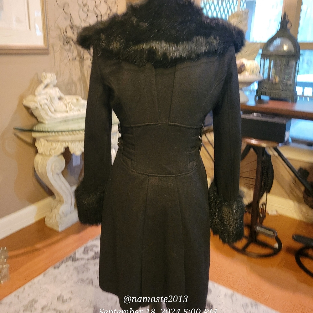 Bebe Wool Blend Jacket Faux Fur Collar Faux Fur Sleeve Cuffs Designer Luxury 62 - Picture 6 of 14